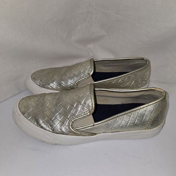 Sperry Seaside Emboss Weave Gold Leather Slip On Deck Boat Loafers Size 7.5 - Picture 3 of 7